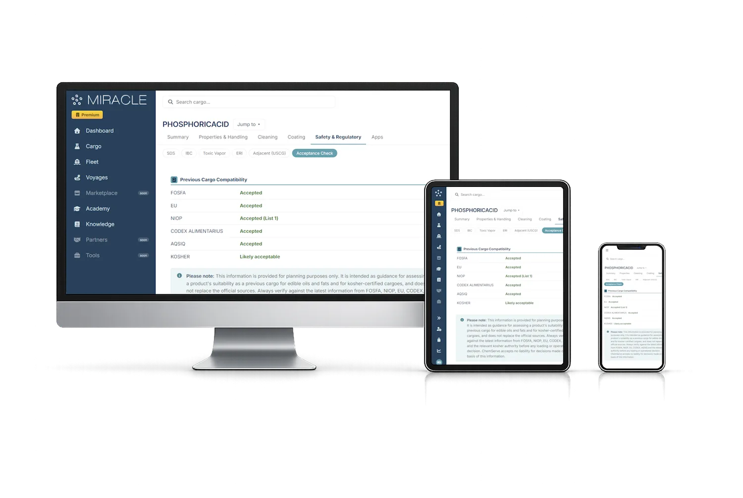 MIRACLE on desktop, tablet and phone, showing a cargo's previous-cargo acceptance check