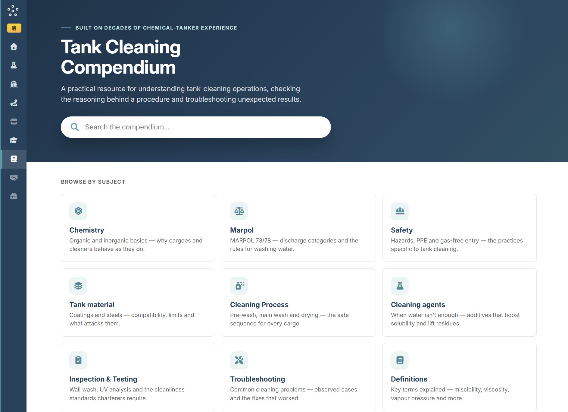 MIRACLE Tank Cleaning Compendium with search and tank-cleaning knowledge topics
