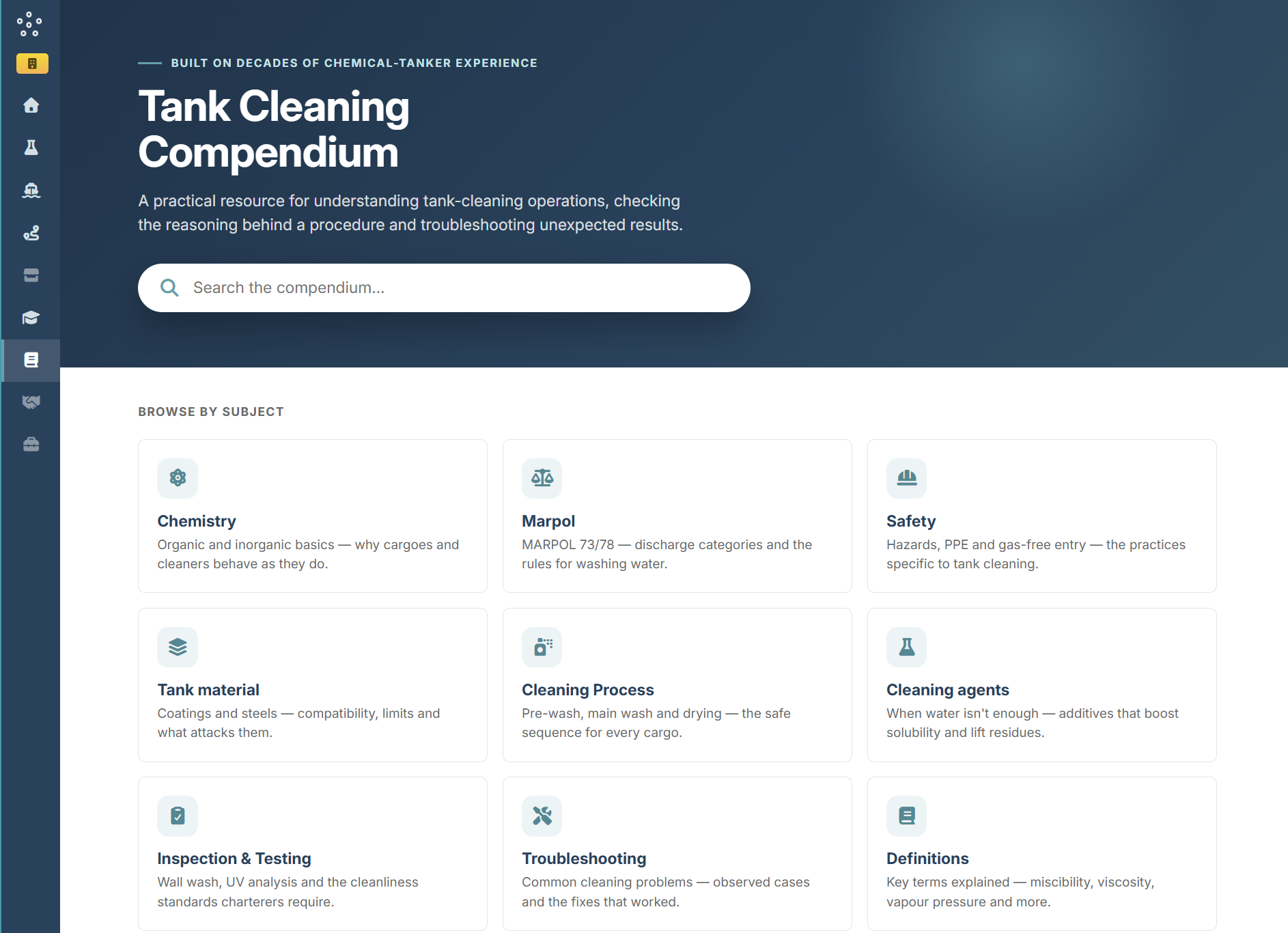 MIRACLE Tank Cleaning Compendium with search and tank-cleaning knowledge topics